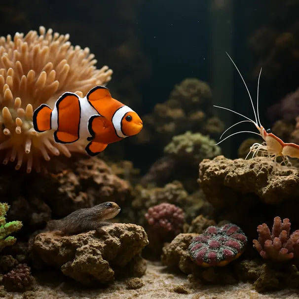 Small reef aquarium scene featuring a clownfish by anemone, goby on live rock, and cleaner shrimp among colorful corals