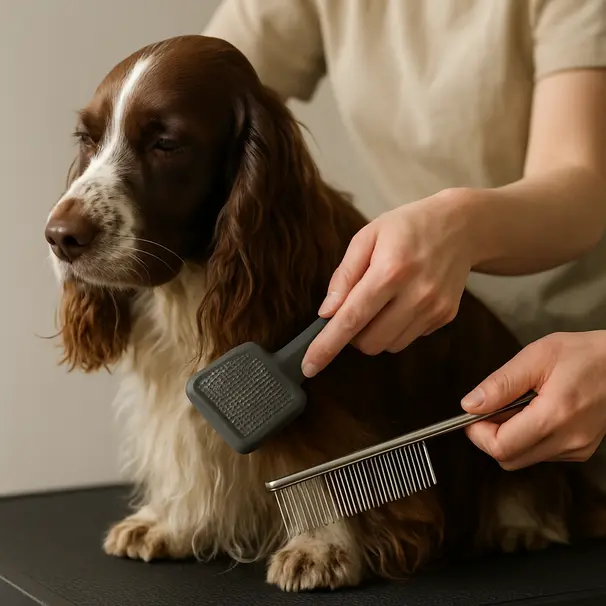 Close-up of hands using a slicker brush and comb to detangle a long-haired spaniel on a grooming table