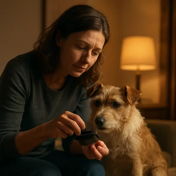 Pet carer calming a small terrier with treats while gently brushing it with a soft bristle brush in a warmly lit room