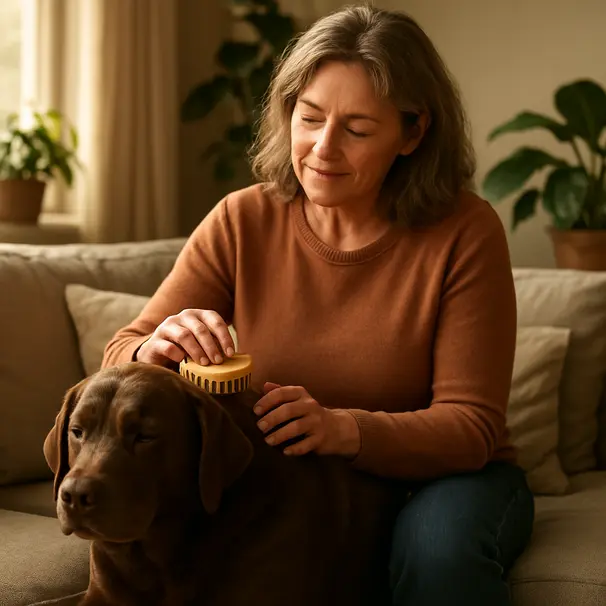 Owner brushing a brown Labrador in a sunlit living room, using a rubber curry brush while the dog relaxes on a sofa
