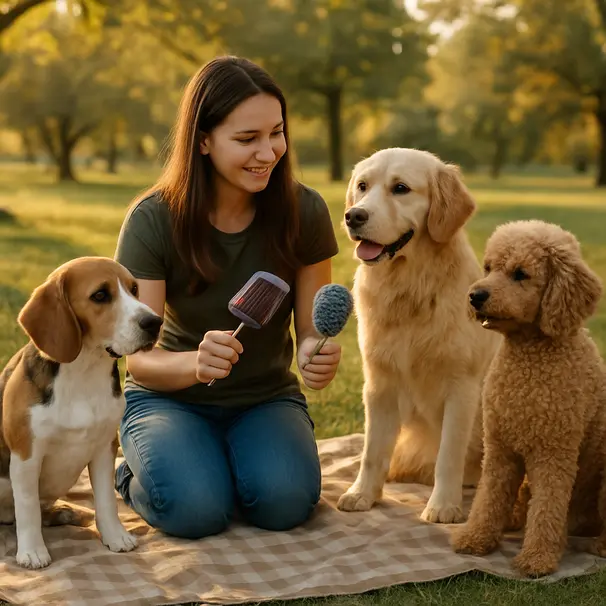 Pet carer demonstrating brushes on a beagle, golden retriever, and poodle in a park during golden hour