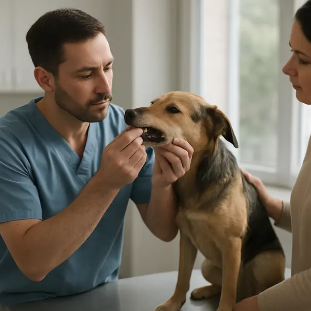 Veterinarian examining a medium-sized dog’s mouth on an exam table in a bright clinic with owner nearby