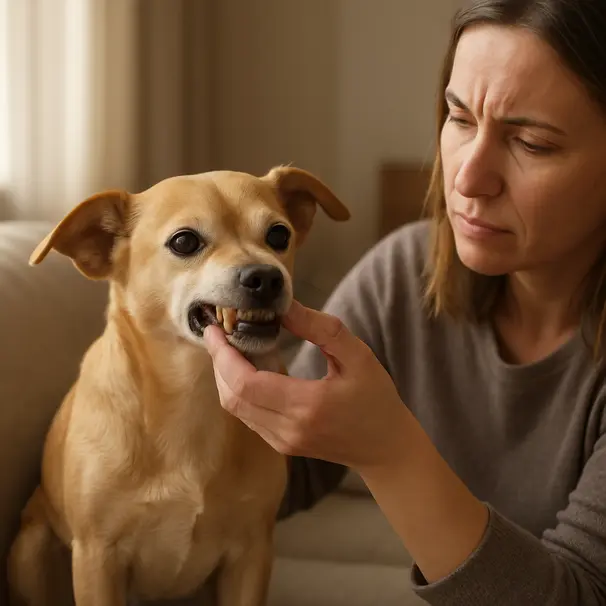 Owner checking a small-breed dog’s teeth on a couch in a cozy living room, visible tartar on teeth
