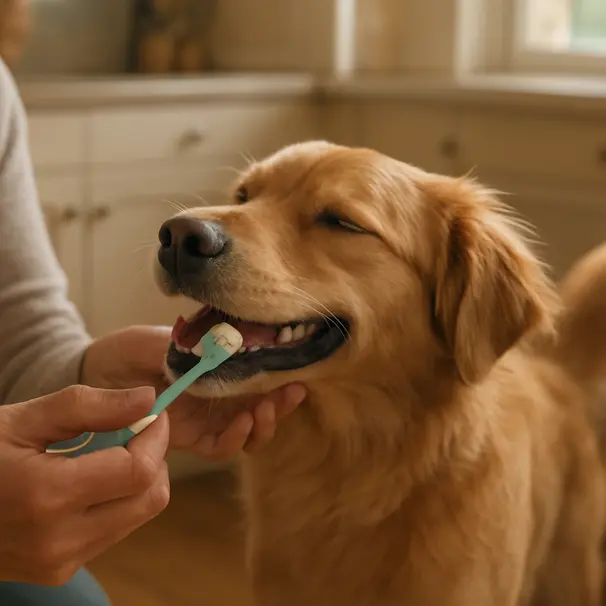 Owner brushing a golden retriever mix’s teeth in a sunlit kitchen, dog relaxed and mouth open slightly