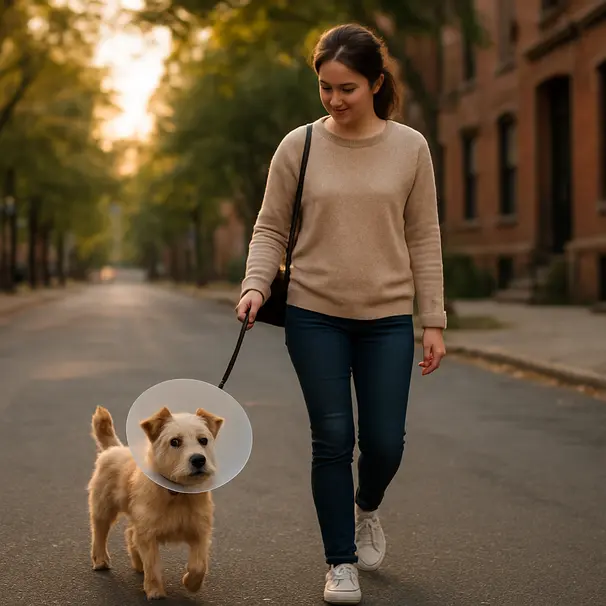 Pet carer walking a small terrier wearing a protective cone collar on a quiet city street during golden hour