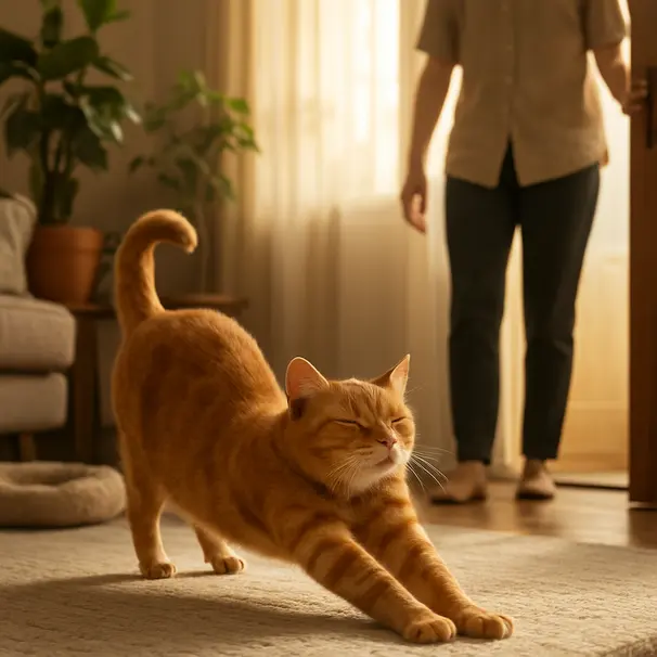 Ginger cat stretching on a rug near an arriving pet carer in a sunlit living room