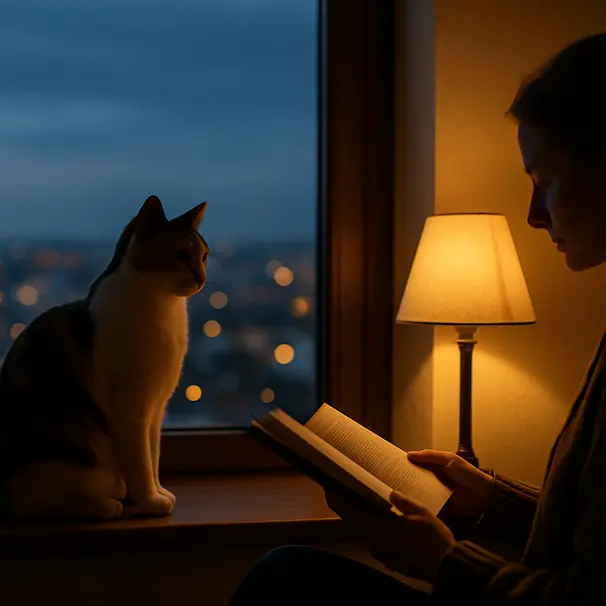 Calico cat on a windowsill at twilight looking out while a pet carer sits nearby