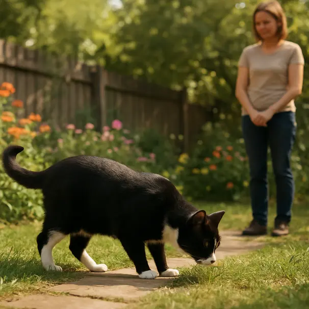 Black and white cat exploring a sunny garden while a pet carer watches nearby