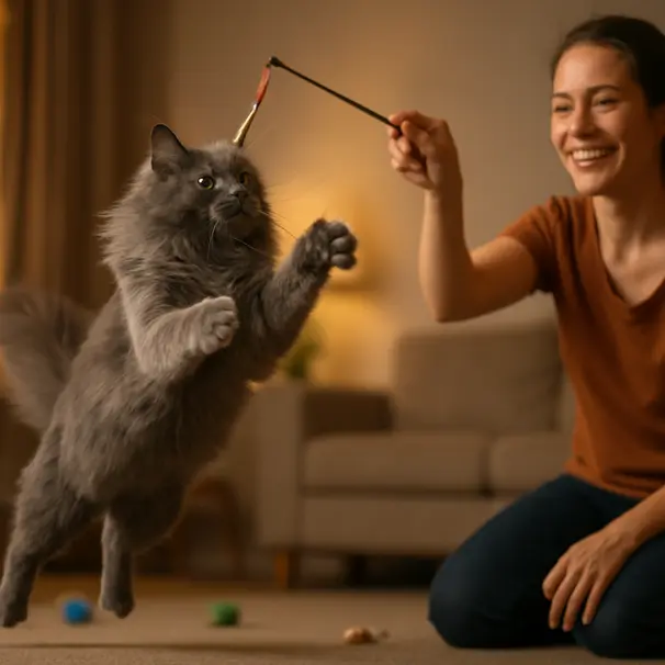 Long-haired grey cat leaping to catch a wand toy held by a pet carer in a living room