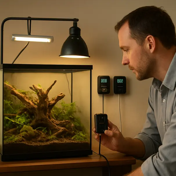 Terrarium mit eingeschalteter UVB-Lampe, Wärmelampe und sichtbaren Thermometern, jemand justiert einen Temperaturregler.