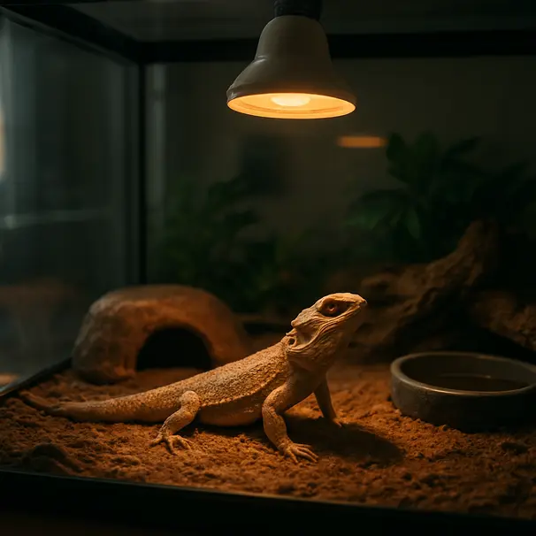 Nahaufnahme eines gut eingerichteten Terrariums mit Wärmeplatz, Versteck und Substrat.