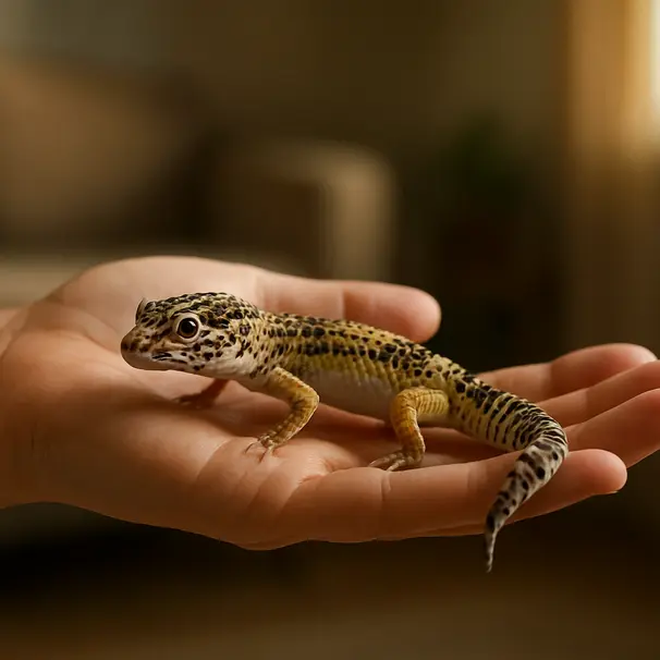 Sanfte Annäherung: eine Person hält behutsam einen kleinen Leopardgecko auf der Hand, Wohnzimmer im Hintergrund.