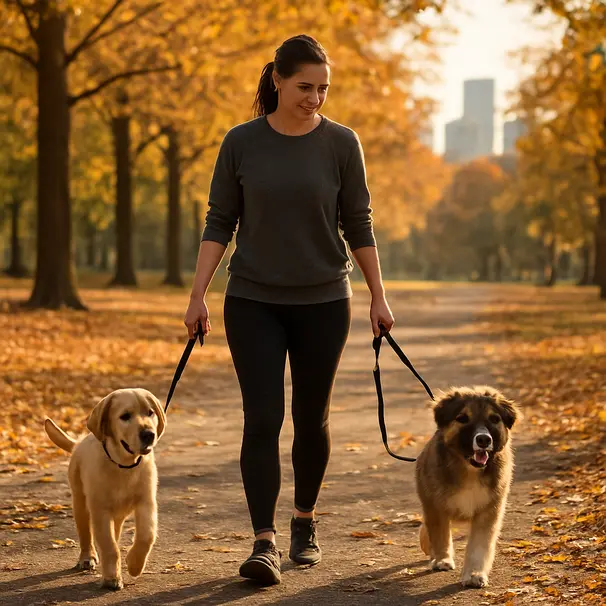 Trainer walking two puppies on loose leashes through a leafy park in autumn, soft sunlight and fallen leaves