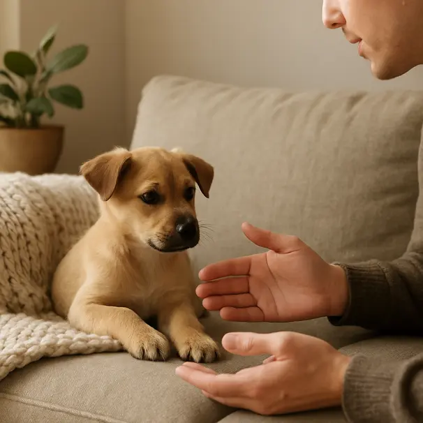 Owner gently comforting a worried mixed-breed puppy on a living room couch, morning light, cozy home setting