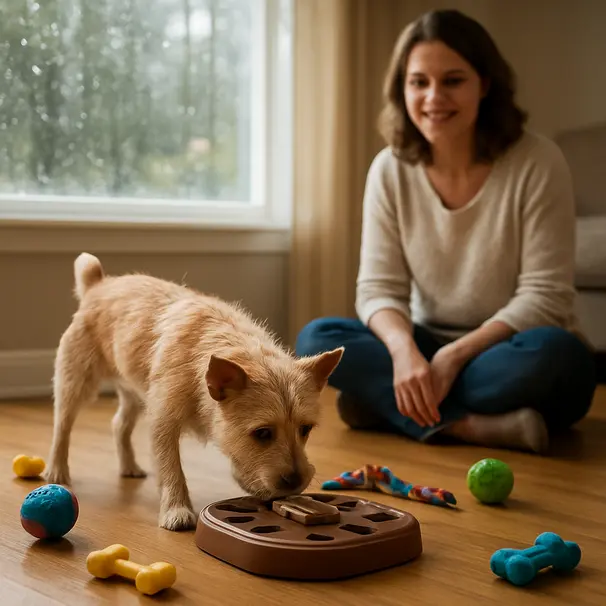 Terrier puppy using a puzzle feeder indoors on a rainy day, owner watching, toys and window with raindrops visible