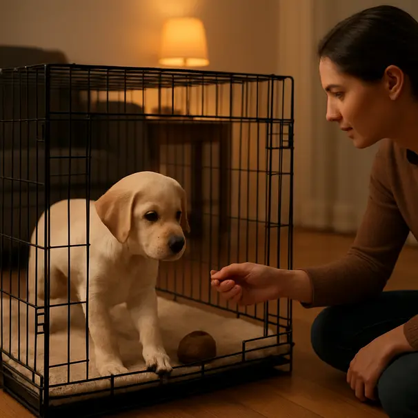 Labrador puppy entering a cozy crate at home while a trainer offers a treat, warm lamp light, calm training moment