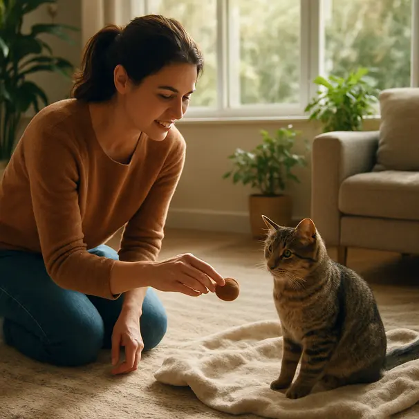 Pet carer kneeling in a sunlit living room offering a toy to a tabby cat on a blanket, plants and window light visible