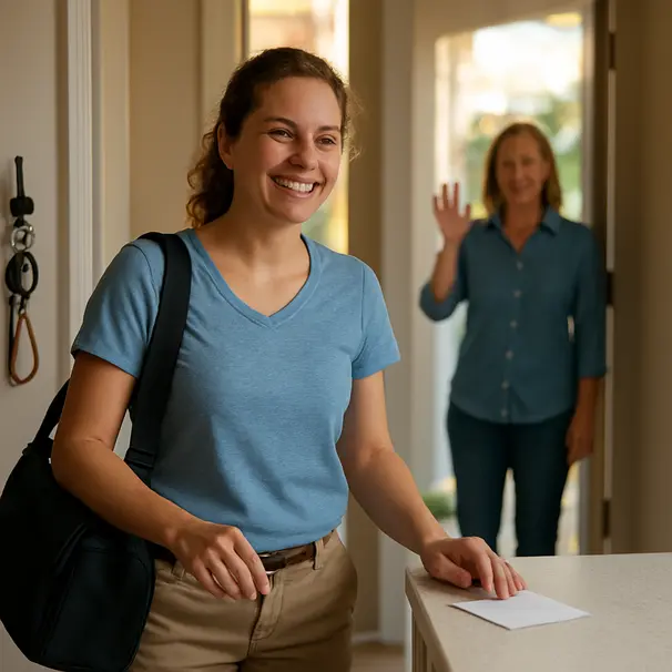 Pet carer placing a visit note on the kitchen counter and waving to the owner at the door in a late afternoon home scene