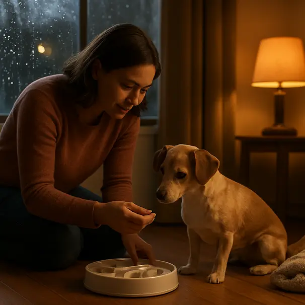 Pet carer playing with a small dog using a puzzle feeder in a warmly lit living room while rain falls outside the window