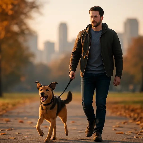 Male pet carer walking an energetic mixed-breed dog along a park path during morning golden hour, city skyline in the distance