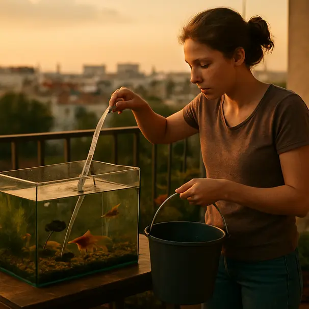 Pet carer doing a water change with a siphon and bucket beside an aquarium, sunset lighting on a balcony, fish visible inside the tank.