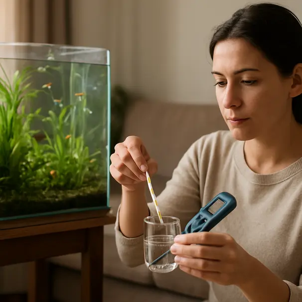 Pet carer holding aquarium test strips and a thermometer next to a planted home aquarium with small schooling fish, indoor scene showing tools and gentle daylight.