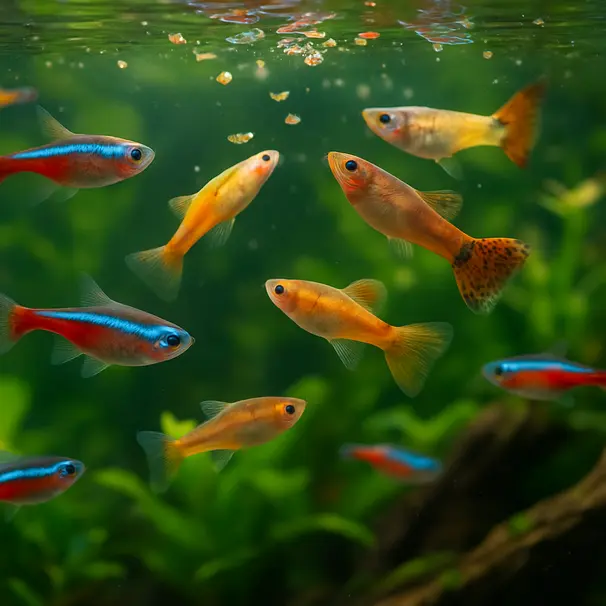 Colorful community fish gathered at the water surface during feeding near plants and driftwood, showing active, curious behavior in a planted aquarium.