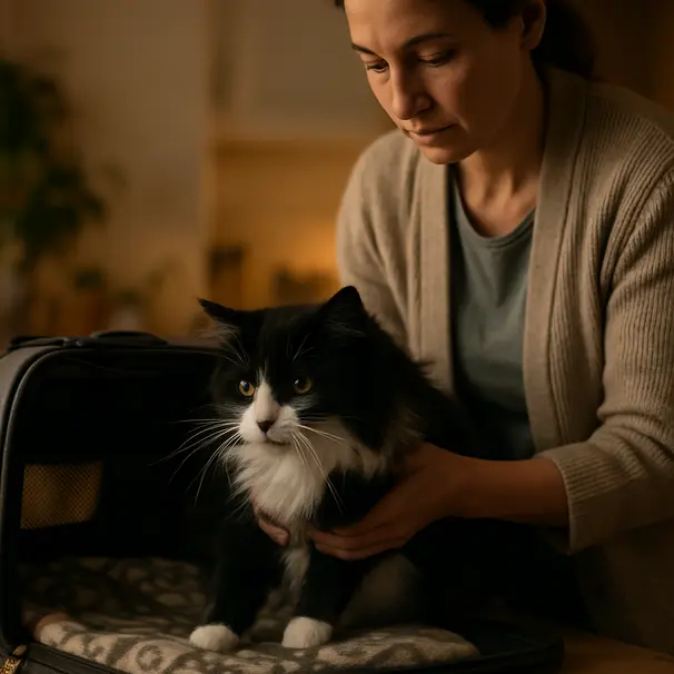 Caregiver gently placing a black-and-white longhair cat into a soft-sided carrier in a cozy home