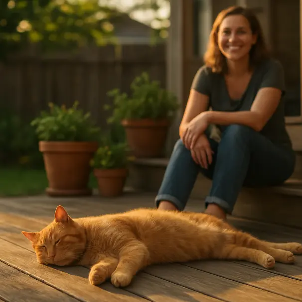 Ginger cat lounging on a sunlit porch with owner watching, potted plants and fence in background