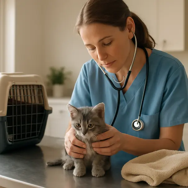 Veterinarian gently examining a gray tabby kitten on an exam table with carrier and towel nearby in a bright clinic