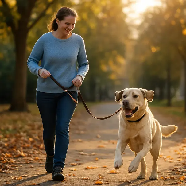 Pet carer walking a labrador happily along a suburban tree-lined path during golden hour