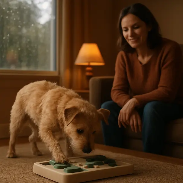 A terrier working on a treat puzzle indoors while the pet carer watches amid a rainy window and warm lamp light