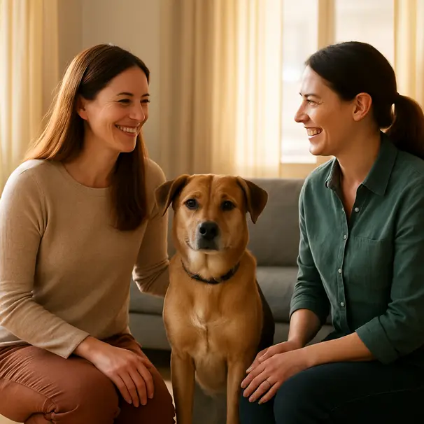 Pet owner handing over their dog to a pet carer in a sunlit living room, dog seated calmly next to them