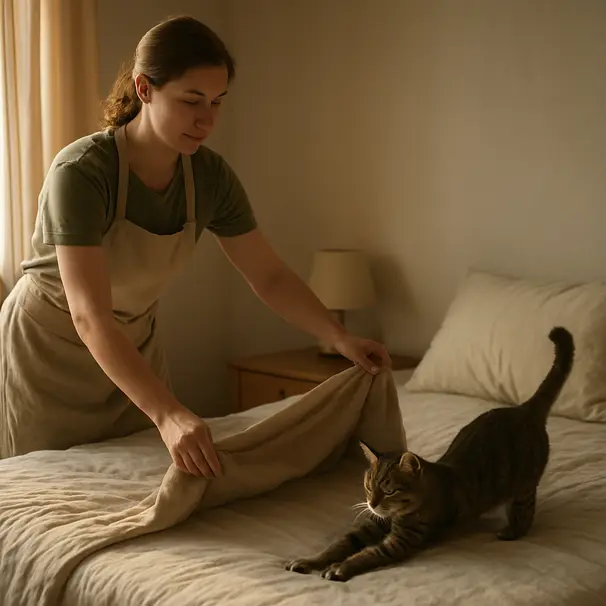 Pet carer arranging a cosy bed for a cat in a quiet corner with natural morning light