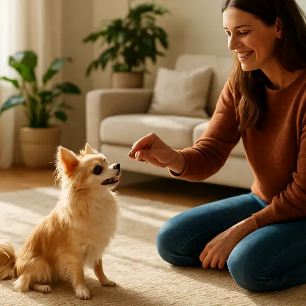 Long-coated Chihuahua doing a training session in a sunny living room with owner, treats and plants visible