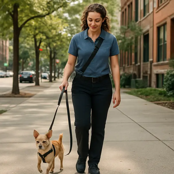 Chihuahua on a harness being walked by a pet carer along a city street, midday lighting, buildings and trees visible