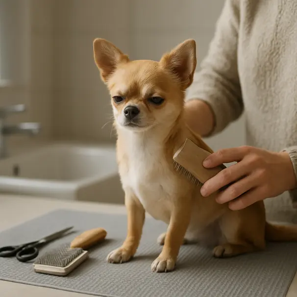 Chihuahua being brushed on a non-slip mat during a grooming session, caretaker's hands visible, calm environment