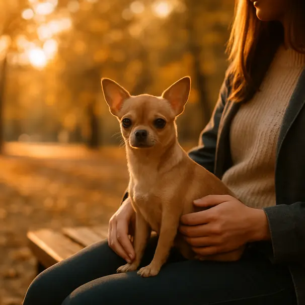 Chihuahua sitting on owner's lap on a park bench during golden hour, trees in background, relaxed and curious expression