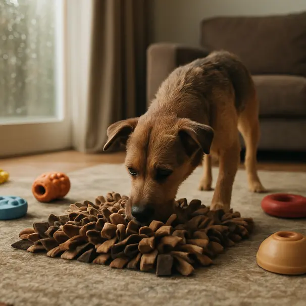 Small mixed-breed dog using a snuffle mat on a rug inside a living room, rain visible outside the window, calm enrichment activity