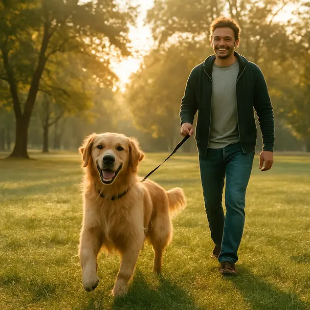 Golden retriever wearing a harness on a leash walking with owner in a sunlit park, morning dewy grass, joyful expression