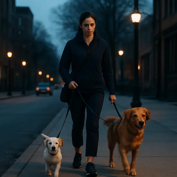 Dog carer walking two dogs on a city sidewalk at dusk, streetlights glowing, varied breeds, urban environment