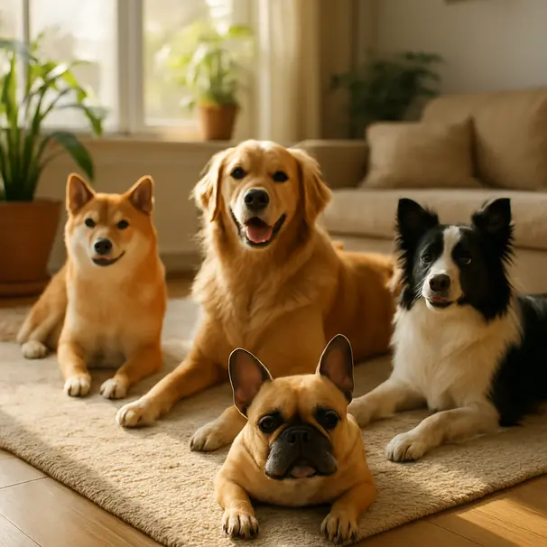 Multiple dog breeds lounging together in a sunlit living room, showing size and coat differences.