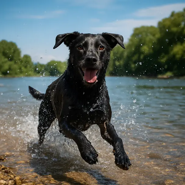 Black lab mix splashing in shallow river water by a tree-lined bank, mid-action joyful expression, midday light