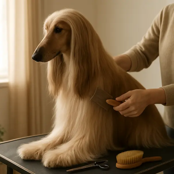 Owner gently brushing a long-coated dog indoors, focusing on coat care and tools.