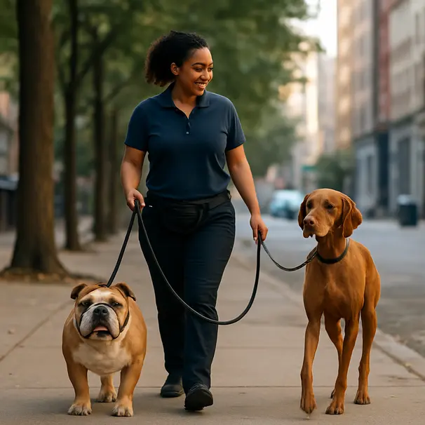 Pet carer walking a Bulldog and a Vizsla on a city sidewalk, showing varied breed handling.