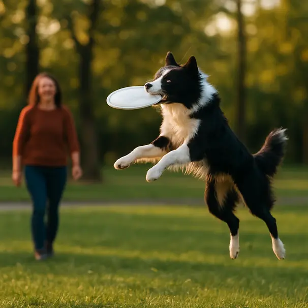 Border Collie leaping to catch a frisbee in a grassy park during late afternoon.