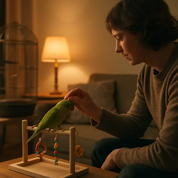 Person bonding with a small parrot on a play gym beside a birdcage in a warm living room