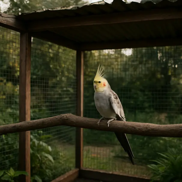 Outdoor aviary housing a cockatiel on a branch, showing shade, shelter, and predator-proof mesh