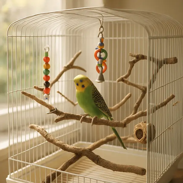 Indoor bird cage with a budgie, natural wooden perches, colorful toys, and sunlight coming through a window