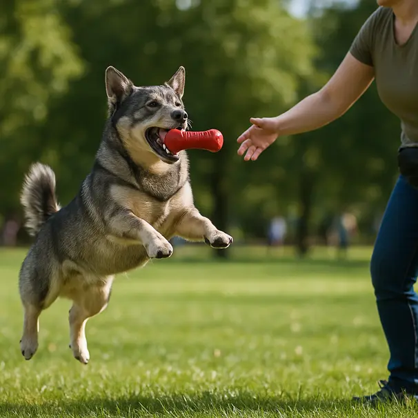 Swedish Vallhund jumping to catch a toy in a sunny park during a training session with a carer, showing action and joyful expression